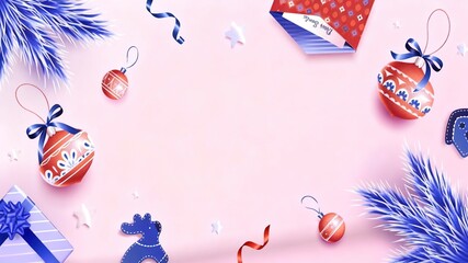 Minimalist Pink Christmas Background with Paper Balls, Ribbons and Gift Boxes