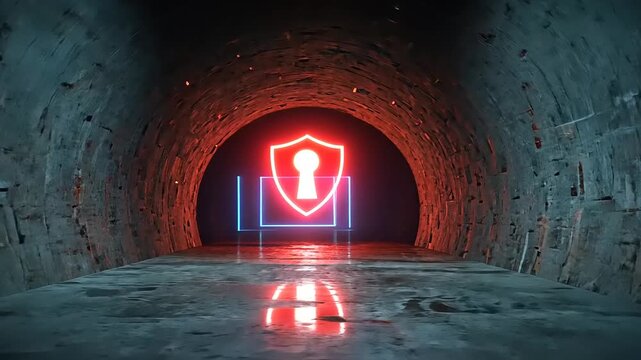 Mysterious tunnel with glowing shield logo at the end, hinting at security and protection themes