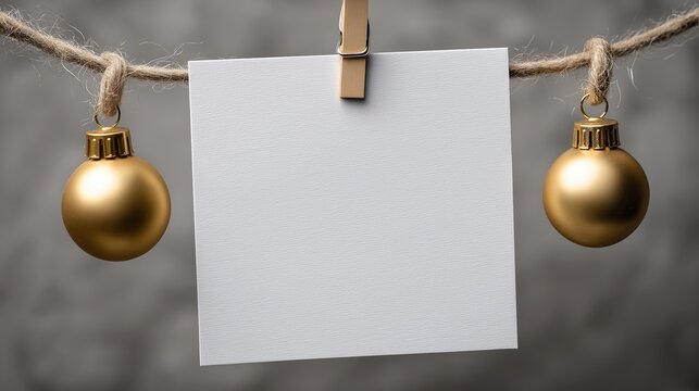 Empty white card with golden Christmas ornaments hanging from a rope on the sides and a paper clip holding a blank postcard against a grey background