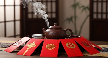 Steaming traditional chinese teapot and cup surrounded by auspicious red envelopes with golden symbols of good fortune