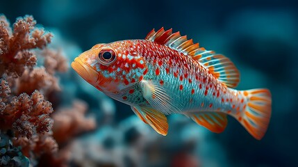 Vibrant underwater photograph of a colorful exotic fish with red and orange spots swimming gracefully near a coral reef in deep blue and red water.