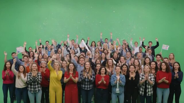 A United Chorus of Joy: A massive assembly of people radiates excitement, celebrating a shared accomplishment with hands raised in unison, amidst a vibrant backdrop.
