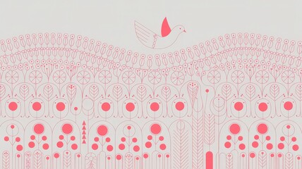 Scandinavian Folk Embroidery Pattern with Stylized Dove and Repeating Floral Motifs in Red and White