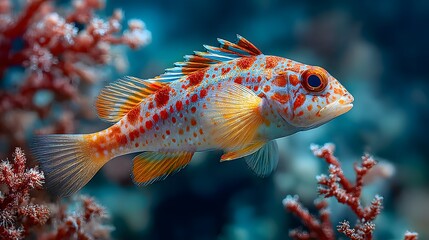 Vibrant underwater photograph of a colorful exotic fish with red and orange spots swimming gracefully near a coral reef in deep blue and red water.
