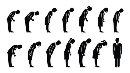 Japanese bowing etiquette silhouettes isolated on white background, Vector