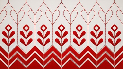 Harmonious Red and White Stitched Ornamental Field Pattern in Scandinavian Folk Art Style