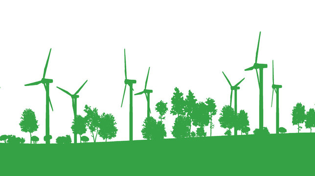 Wind turbines, landscape with trees and shrubs, green colored. White background, energy, environment, wind power, sustainable energy.