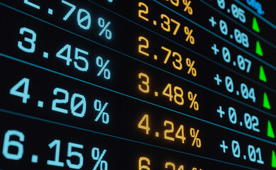 Close up sheet with interest rates, coupon and yields. Investment, corporate or governemnt bonds, stock exchange. 3D illustration