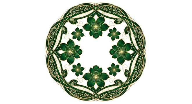 Elegant floral wreath with green flowers and gold accents perfect for invitations and decorative designs