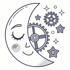 Sleeping Crescent Moon with Gears and Stars on White Background face