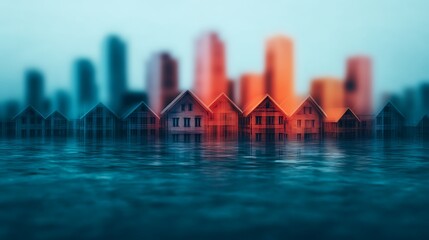 A futuristic cityscape with submerged houses reflecting urban buildings, illustrating themes of climate change and rising sea levels.