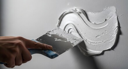 Hand with putty knife applying plaster on white wall Construction repair concept.