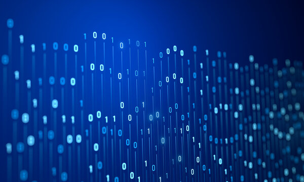 Abstract binary code moving up and down agains blue background. Digital, technology, data, encryption, process.