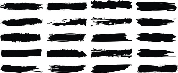 Vector brush streaks pack marker ink strokes grunge. Collection of vector paint bold brush strokes, hand drawn thick grunge lines and rectangle shapes modern grunge. Ink brush stroke set, black grunge
