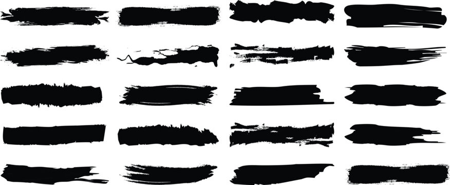 Vector brush streaks pack marker ink strokes grunge. Collection of vector paint bold brush strokes, hand drawn thick grunge lines and rectangle shapes modern grunge. Ink brush stroke set, black grunge