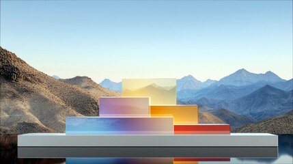 A stepped platform with translucent, gradient blocks is set against a backdrop of arid desert mountains under a clear blue sky.