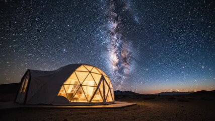 glowing geodesic dome for glamping under starry night sky with milky way. astrotourism and travel concept in desert landscape. banner, website header with copy space, timelapse before sunrise
