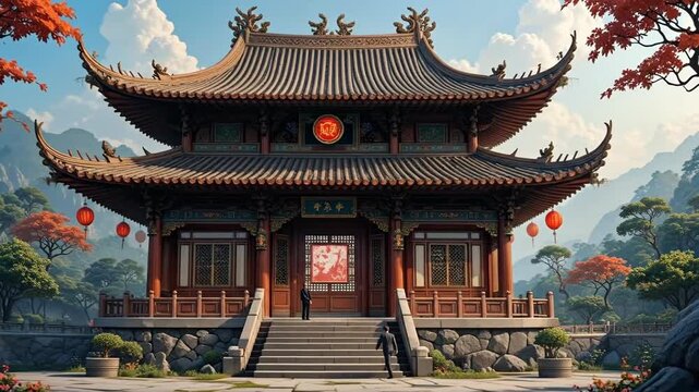 Traditional Chinese temple with tiered roofs and red lanterns nestled in a serene mountain landscape with autumn trees.