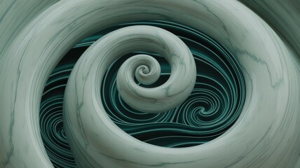 Abstract Māori Koru Spiral Carved in Grey Stone with Ethereal Ocean Green Swirls