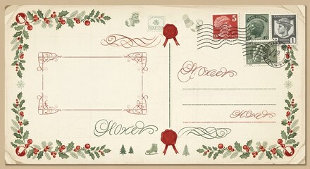 A vintage Christmas postcard design featuring stamps, decorative lines, and winter icons on textured paper. Retro elements are used for a classic-themed card look.
