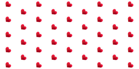 Seamless pattern featuring small, textured, red hearts arranged diagonally across a clean white background, ideal for textile or digital design