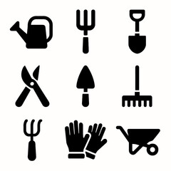 Obraz premium Set of gardening tools icons: watering can, pruner, rake, shovel, gloves, wheelbarrow