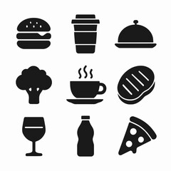 Black food and drink icons including burger, coffee, and pizza