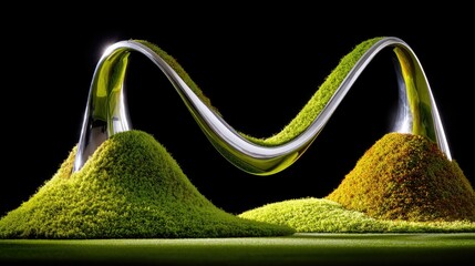 A polished metallic shape, resembling the letter M, is covered in lush green moss and sits atop mounds of grass, illuminated by spotlights.