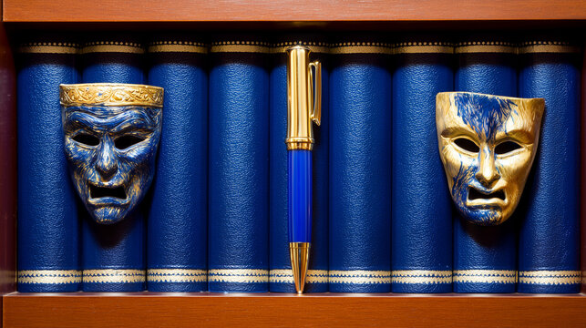 comedy. Tragedy and comedy masks flanking a bookshelf with a golden pen between them, symbolic arrangement. event programs, museum guides, designed for cultural heritage projects and event programs.