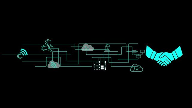 IT cloud engineer handshake  platform cloud computing network connections data centers SaaS PaaS architecture access optimization servers reliability scalability. Black background