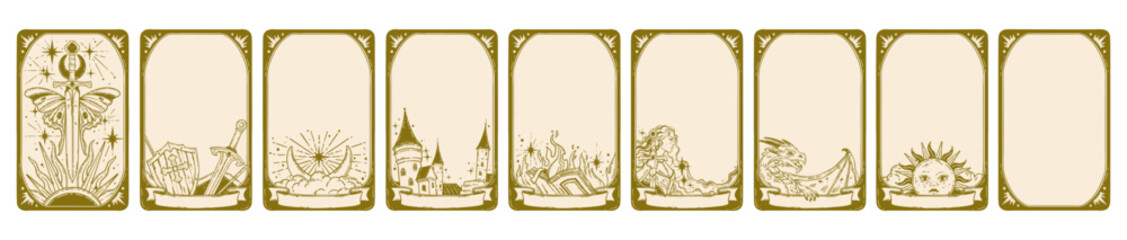 Fototapeta na wymiar Tarot card frame set, hand drawn doodle fantasy border, mystic vintage decoration ornate graphic. Medieval divination print design, esoteric star, sun, moon illustration. Tarot card spiritual game