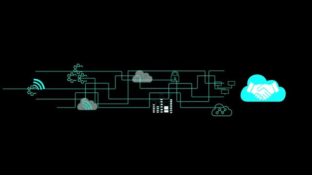 IT cloud engineer handshake  platform cloud computing network connections data centers SaaS PaaS architecture access optimization servers reliability scalability. Black background.
