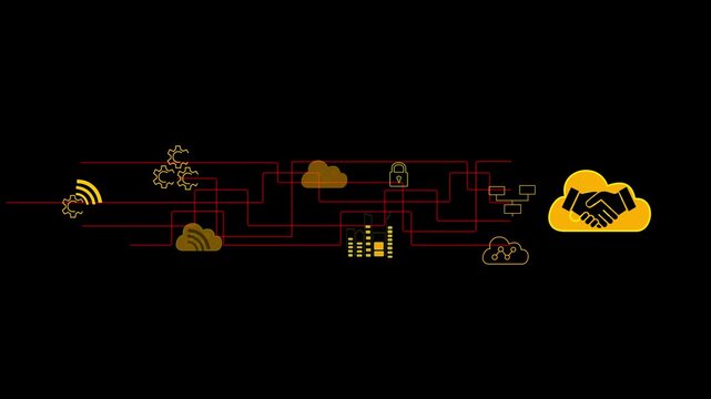 IT cloud engineer handshake  platform cloud computing network connections data centers SaaS PaaS architecture access optimization servers reliability scalability. black background.