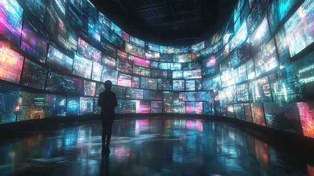 Wide futuristic interior filled with vivid colorful LED screens forming immersive curved walls, expressing innovation, data flow, and advanced communication media environment full light and technology