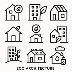 Fototapeta premium Eco-friendly architecture icons: sustainable homes and buildings with nature elements