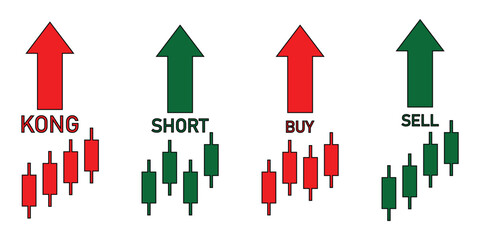 Finance & Trading Icons Set – Call, Put, Buy, Sell, Long & Short Arrows with Candlestick Charts for Stock, Forex & Crypto