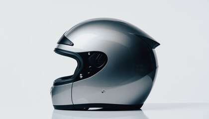 A sleek, silver motorcycle helmet displayed in a studio setting against a clean, white background, highlighting its aerodynamic design and protective features