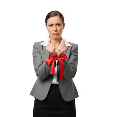 A frustrated businesswoman with her hands tied in a red ribbon, symbolizing being trapped or overwhelmed by work, isolated on transparent background