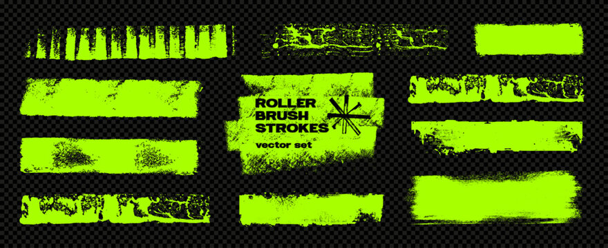 Roller trace lines, brush stroke and stamps. Roller strips with different nap levels for text and background. Brush stroke bold grunge lines. Letterpress grunge texture for overlay. Vector graphic