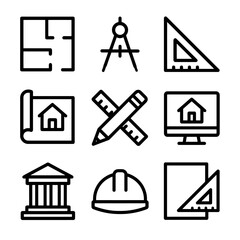Architectural planning icons set: compass, blueprints, hard hat, computer, building tools