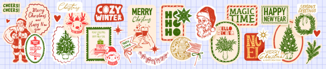 Naklejka premium Christmas holiday sticker set, hand drawn doodle New Year winter badge pack, greeting quote print. Party festive scrapbook patch, Santa illustration, Noel emblem, pine tree. Christmas sticker design