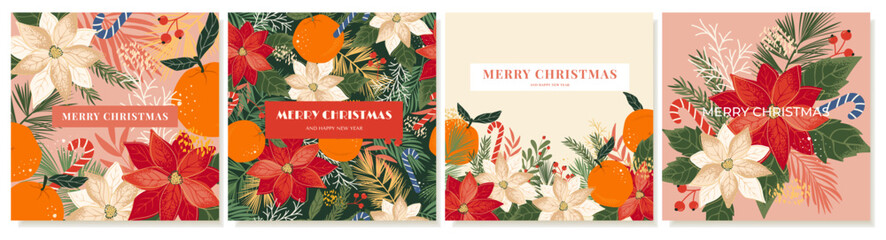 Christmas greeting cards set with hand draw poinsettia, coniferous branches, berries, tangerines. Colorful New Year's backgrounds for social media, prints, posters, banners