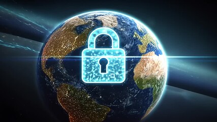 Digital globe with a glowing padlock symbolizing cybersecurity and global data protection - Powered by Adobe