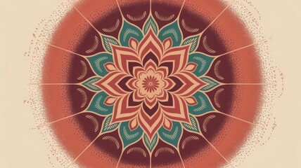 Symmetrical Lotus Mandala Illustration with Crimson, Gold, and Turquoise Colors on Warm Gradient Background