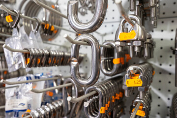 Metal hardware store selling industrial steel chains and shackles