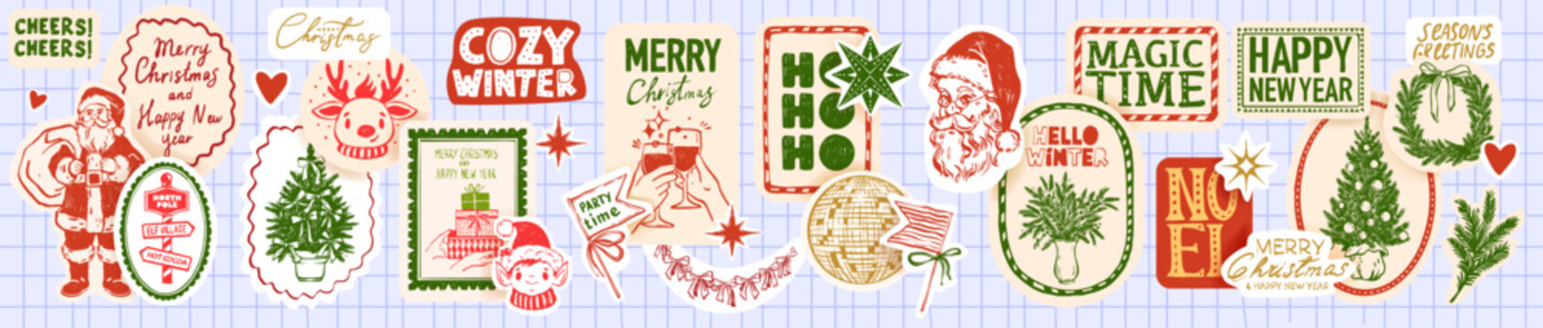 Christmas holiday sticker set, hand drawn doodle New Year winter badge pack, greeting quote print. Party festive scrapbook patch, Santa illustration, Noel emblem, pine tree. Christmas sticker design