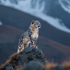 A solitary snow leopard standing on a rugged mountain ridge under a soft morning glow