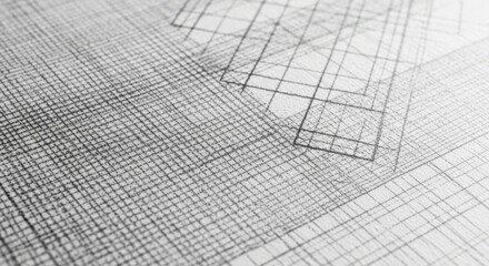 Close up of a detailed architectural drawing with geometric shapes and grid patterns in black and white