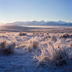 Sunlight reflecting off frost patterns while distant peaks fade into blue haze