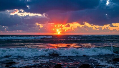 Beautiful sunset with red orange sun with rays going down to the atlantic ocean. Dark blue clouds and sea. travel